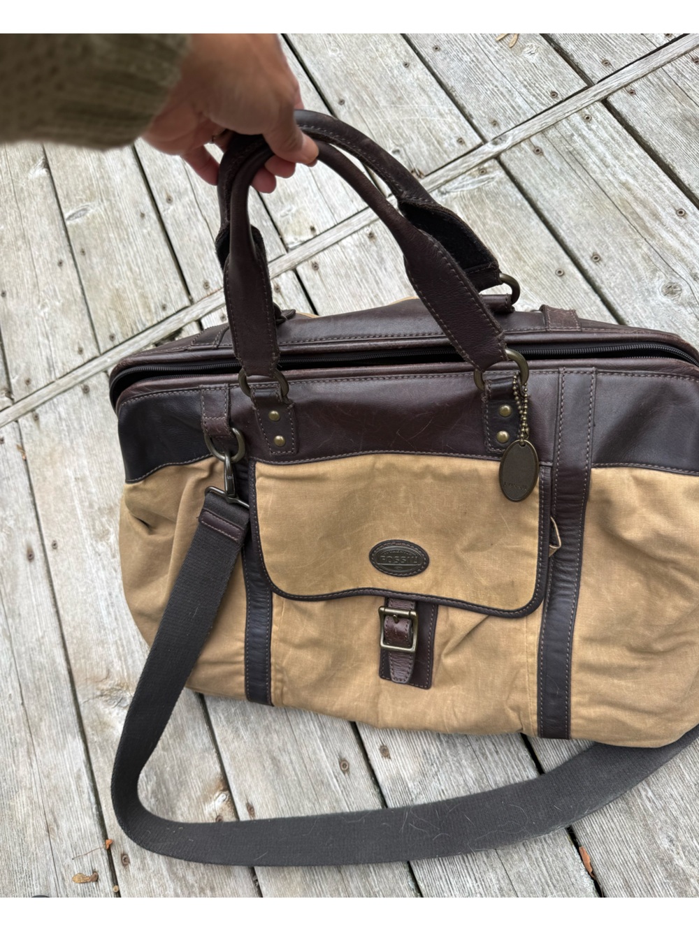 Vintage Fossil canvas and leather travel duffle bag